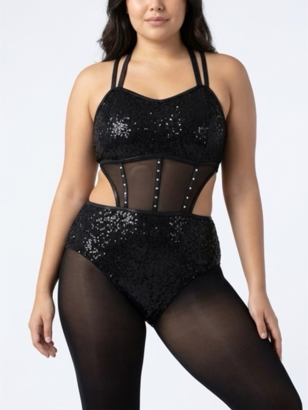 XL Black Balera Sequined Dance Leotard With Mesh with Strappy Back